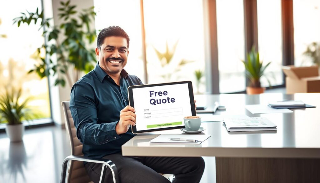 A beautifully designed workspace depicting a professional moving consultant sitting at a sleek desk, presenting a colorful digital tablet showing “Free Quote” on the screen. The foreground features the consultant, a middle-aged Hispanic man in a navy business shirt, engaged with a friendly smile. In the middle, the desk is cluttered with neatly arranged documents and a stylish coffee cup, enhancing a professional ambiance. The background showcases a bright office with large windows, letting in warm natural light, while plants add a touch of greenery. The overall mood conveys reliability and transparency. Use a soft focus lens effect to create a warm, inviting atmosphere.