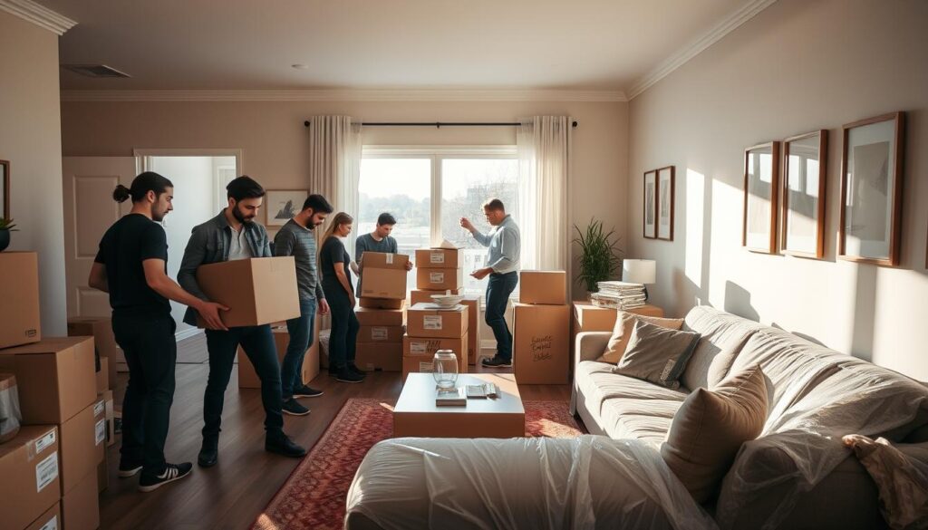 A bright and inviting apartment living room during a move, with a professional moving team carefully packing boxes and wrapping furniture. In the foreground, a diverse group of movers in smart casual clothing is engaged in organizing items, with a couch and coffee table partially covered in bubble wrap. The middle ground features stacks of labeled boxes and a large, open window letting in natural light, creating a warm atmosphere. In the background, walls adorned with simple art pieces indicate a stylish, modern decor. Soft shadows and a cozy, yet bustling ambiance capture the ease of apartment and condo moving in The Colony, emphasizing efficient and friendly service. The scene is viewed from a slightly elevated angle, enhancing the sense of an active, organized moving process. A bright and inviting apartment living room during a move, with a professional moving team carefully packing boxes and wrapping furniture. In the foreground, a diverse group of movers in smart casual clothing is engaged in organizing items, with a couch and coffee table partially covered in bubble wrap. The middle ground features stacks of labeled boxes and a large, open window letting in natural light, creating a warm atmosphere. In the background, walls adorned with simple art pieces indicate a stylish, modern decor. Soft shadows and a cozy, yet bustling ambiance capture the ease of apartment and condo moving in The Colony, emphasizing efficient and friendly service. The scene is viewed from a slightly elevated angle, enhancing the sense of an active, organized moving process.