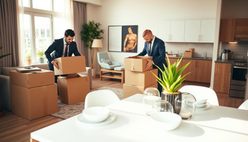 A bright, inviting apartment living room showcasing a well-furnished space with a comfortable sofa, modern decor, and large windows allowing natural light to flood the room. In the foreground, a professional moving team of two individuals in business attire is carefully organizing moving boxes, showing a sense of teamwork and efficiency. In the middle ground, a stylish dining table set with minimalistic decorations adds warmth, while the background features a cozy kitchen area with sleek appliances and a vibrant potted plant on the counter. The lighting is soft and warm, creating a welcoming atmosphere, captured with a wide lens at eye level to emphasize space and comfort. The overall mood is one of ease and reliability, reflecting the process of a smooth residential move. A bright, inviting apartment living room showcasing a well-furnished space with a comfortable sofa, modern decor, and large windows allowing natural light to flood the room. In the foreground, a professional moving team of two individuals in business attire is carefully organizing moving boxes, showing a sense of teamwork and efficiency. In the middle ground, a stylish dining table set with minimalistic decorations adds warmth, while the background features a cozy kitchen area with sleek appliances and a vibrant potted plant on the counter. The lighting is soft and warm, creating a welcoming atmosphere, captured with a wide lens at eye level to emphasize space and comfort. The overall mood is one of ease and reliability, reflecting the process of a smooth residential move.
