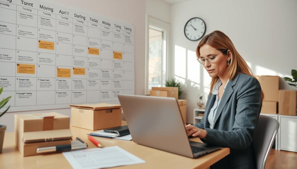 A bright, organized home office scene with a large wall calendar filled with marked moving dates and detailed schedules. In the foreground, a professional woman in business attire is focused on her laptop, discussing logistics with a moving company representative over a video call. The middle ground features clips of packing materials, boxes, and a checklist on the desk, emphasizing efficiency. The background showcases a neatly arranged room with a large clock ticking, symbolizing the importance of timing. Soft, natural light streams in from a window, creating a welcoming and productive atmosphere. A camera angle captures the workspace from a slightly elevated perspective, inviting the viewer into this busy yet orderly scene.