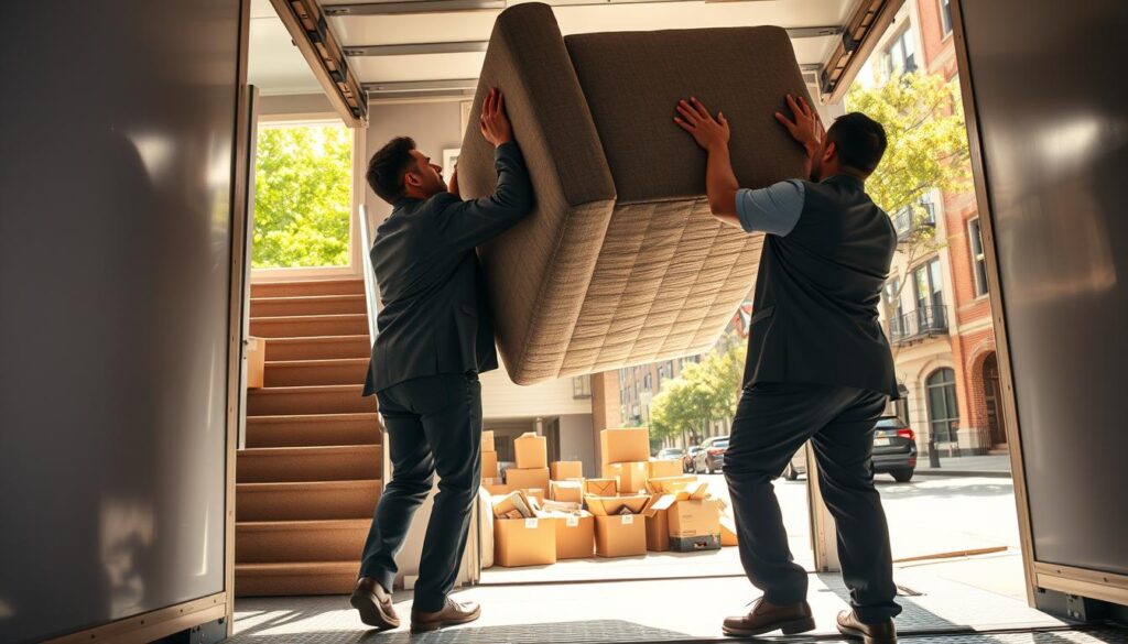 A bustling apartment moving scene, showcasing professional movers in business attire carefully lifting furniture into a moving truck. In the foreground, two diverse movers, one Caucasian and one Hispanic, are strategizing how to navigate a steep staircase with a large couch. The middle ground features an open apartment door displaying a living room filled with boxes and packed items, hinting at the chaos of moving. The background shows a sunny Dallas neighborhood with trees lining the street and other buildings, suggesting a vibrant atmosphere. Soft, natural lighting filters through the open door, casting warm tones to evoke a sense of teamwork and reliability. The angle captures the action from a slight low perspective, emphasizing the movers’ determination and the challenges of apartment moving. A bustling apartment moving scene, showcasing professional movers in business attire carefully lifting furniture into a moving truck. In the foreground, two diverse movers, one Caucasian and one Hispanic, are strategizing how to navigate a steep staircase with a large couch. The middle ground features an open apartment door displaying a living room filled with boxes and packed items, hinting at the chaos of moving. The background shows a sunny Dallas neighborhood with trees lining the street and other buildings, suggesting a vibrant atmosphere. Soft, natural lighting filters through the open door, casting warm tones to evoke a sense of teamwork and reliability. The angle captures the action from a slight low perspective, emphasizing the movers’ determination and the challenges of apartment moving.