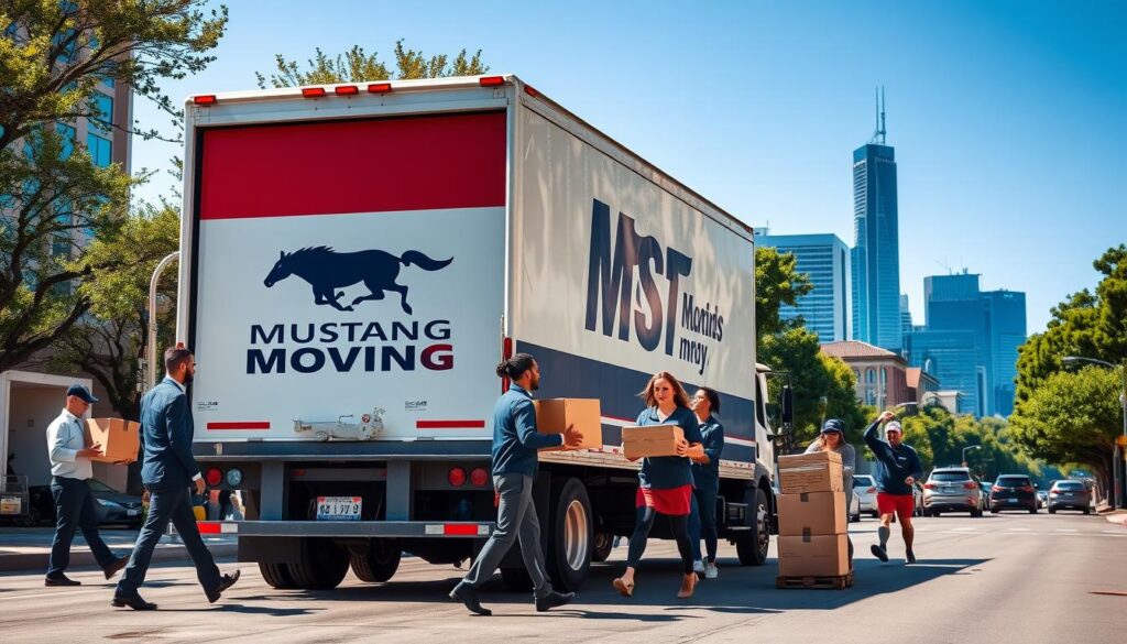 A bustling city street in Dallas, featuring a professional moving truck emblazoned with the logo of Mustang Moving. In the foreground, a diverse group of well-dressed movers, including both men and women in smart casual clothing, are efficiently loading boxes and furniture into the truck, displaying teamwork and professionalism. The middle ground includes iconic Dallas landmarks, such as the Dallas skyline with its modern architecture, while neighborhood trees and well-kept homes frame the scene. The background is a clear blue sky, capturing the warmth of a sunny day, suggesting reliability and trustworthiness. The atmosphere is energetic yet organized, highlighting local expertise in moving services. Use dynamic angles to create depth, with soft natural lighting to evoke a welcoming environment. A bustling city street in Dallas, featuring a professional moving truck emblazoned with the logo of Mustang Moving. In the foreground, a diverse group of well-dressed movers, including both men and women in smart casual clothing, are efficiently loading boxes and furniture into the truck, displaying teamwork and professionalism. The middle ground includes iconic Dallas landmarks, such as the Dallas skyline with its modern architecture, while neighborhood trees and well-kept homes frame the scene. The background is a clear blue sky, capturing the warmth of a sunny day, suggesting reliability and trustworthiness. The atmosphere is energetic yet organized, highlighting local expertise in moving services. Use dynamic angles to create depth, with soft natural lighting to evoke a welcoming environment.
