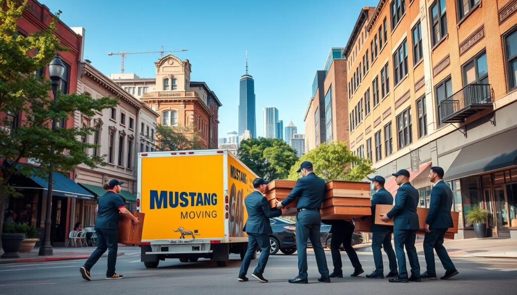 A bustling city street view showcasing local Dallas-to-Addison movers. In the foreground, a diverse team of professional movers, dressed in smart business attire, carefully loading furniture onto a bright, branded moving truck. The middle of the scene features a vibrant neighborhood with distinctive buildings, incorporating local architecture, trees, and welcoming storefronts to reflect the essence of the area. In the background, the skyline of Downtown Dallas can be seen under clear blue skies, symbolizing urban life and progress. Soft, warm lighting highlights the movers' teamwork and camaraderie, creating a sense of trust and reliability. The overall mood conveys a friendly, professional atmosphere, perfect for showcasing the local insight and expertise of Mustang Moving's services. A bustling city street view showcasing local Dallas-to-Addison movers. In the foreground, a diverse team of professional movers, dressed in smart business attire, carefully loading furniture onto a bright, branded moving truck. The middle of the scene features a vibrant neighborhood with distinctive buildings, incorporating local architecture, trees, and welcoming storefronts to reflect the essence of the area. In the background, the skyline of Downtown Dallas can be seen under clear blue skies, symbolizing urban life and progress. Soft, warm lighting highlights the movers' teamwork and camaraderie, creating a sense of trust and reliability. The overall mood conveys a friendly, professional atmosphere, perfect for showcasing the local insight and expertise of Mustang Moving's services.