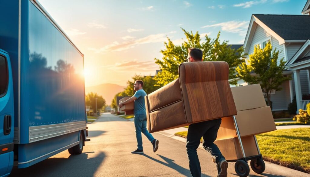A bustling local moving service in action on a sunny day, showcasing two professional movers in smart casual attire, diligently loading wooden furniture into a bright blue moving truck parked in a residential neighborhood. In the foreground, the movers are focused, with one carrying a large couch, while the other arranges boxes on a hand truck. The middle ground features a charming suburban street with well-maintained homes and green trees, emphasizing the familiarity of the area. Bright, natural lighting casts soft shadows, creating a warm, inviting atmosphere. In the background, an expansive sky hints at a vibrant sunset, giving a sense of timely arrivals and local expertise.
