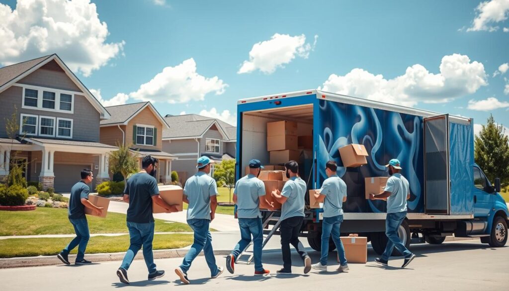A bustling moving company scene in Bedford, TX, showcasing a professional team loading boxes into a bright blue moving truck. In the foreground, a diverse group of movers, dressed in matching company uniforms, carefully arrange bubble-wrapped furniture and cardboard boxes. In the middle ground, a quaint suburban neighborhood with neatly landscaped front yards and two-story homes, typical of Bedford, enhances the atmosphere of a friendly community. The background features clear blue skies and fluffy white clouds, suggesting a warm and inviting day. The lighting is natural, highlighting the energy and efficiency of the movers as they work. The camera angle is slightly elevated, providing a broad view of the activity and the homey surroundings, creating a sense of motion and dedication. The overall mood conveys reliability and professionalism in the moving process. A bustling moving company scene in Bedford, TX, showcasing a professional team loading boxes into a bright blue moving truck. In the foreground, a diverse group of movers, dressed in matching company uniforms, carefully arrange bubble-wrapped furniture and cardboard boxes. In the middle ground, a quaint suburban neighborhood with neatly landscaped front yards and two-story homes, typical of Bedford, enhances the atmosphere of a friendly community. The background features clear blue skies and fluffy white clouds, suggesting a warm and inviting day. The lighting is natural, highlighting the energy and efficiency of the movers as they work. The camera angle is slightly elevated, providing a broad view of the activity and the homey surroundings, creating a sense of motion and dedication. The overall mood conveys reliability and professionalism in the moving process.