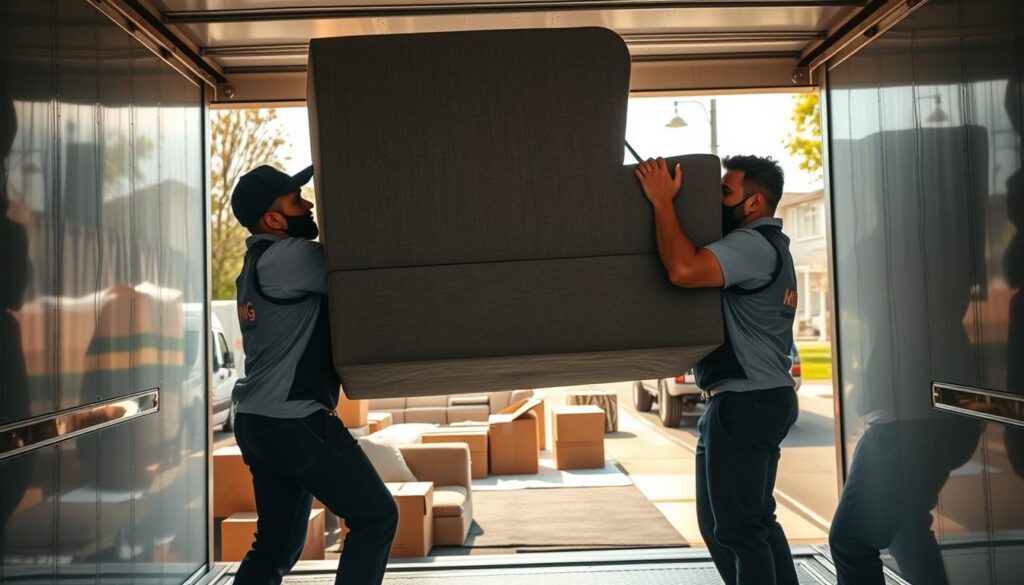 A bustling moving scene depicting the Mustang Moving process in action. In the foreground, professional movers dressed in branded uniforms lift a large, sturdy sofa into a scheduled moving truck. Their expressions show focus and teamwork. The middle ground features open boxes and furniture scattered around a cozy, well-lit living room, representing the transition from one home to another. The background showcases a sunny suburban street, with other moving trucks parked, emphasizing a sense of community and reliability. Soft natural lighting filters through the windows, casting warm tones across the scene, creating an atmosphere of trust and efficiency. Capture this moment with a slightly elevated angle, emphasizing both the moving effort and the organized chaos of relocation.
