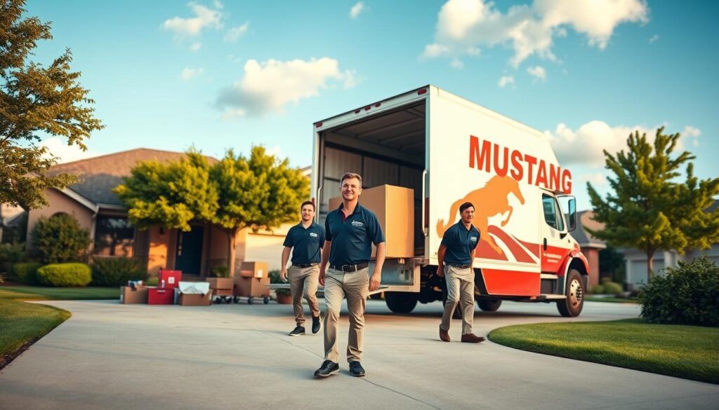 A bustling moving scene featuring a Mustang Moving truck parked outside a charming, modest suburban home in Weatherford, Texas. In the foreground, two professional movers, dressed in branded polo shirts and khakis, are carefully loading furniture onto the truck. In the middle ground, the driveway has packing boxes and household items, depicting an organized move. The background showcases a clear blue sky with a few fluffy clouds, typical of a sunny Texas day, along with lush green trees lining the street. Soft, warm lighting enhances the inviting atmosphere, creating a sense of reliability and community. The angle is slightly elevated to capture both the moving action and the suburban setting, conveying professionalism and trust in moving services.