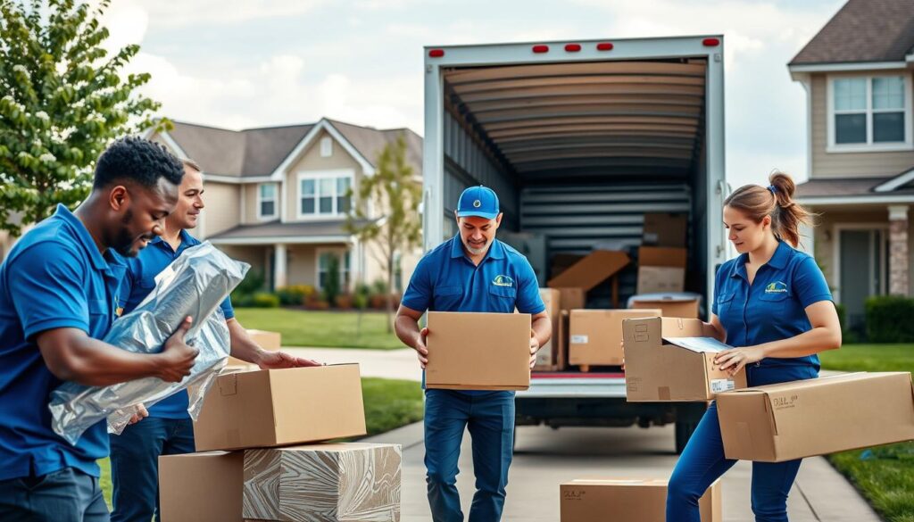 A bustling moving scene illustrating reliable moving services. In the foreground, a diverse team of professional movers—two men and one woman—dressed in smart blue uniforms, carefully packaging household items in bubble wrap and sturdy boxes. In the middle, a moving truck, branded with a logo, is parked with its back door open, showcasing neatly arranged boxes and furniture. In the background, a suburban neighborhood in Plano with modern homes, green lawns, and a clear blue sky creates a welcoming atmosphere. Soft, natural lighting enhances the sense of a bright, productive day. The image conveys professionalism, efficiency, and a commitment to tailored moving solutions. A bustling moving scene illustrating reliable moving services. In the foreground, a diverse team of professional movers—two men and one woman—dressed in smart blue uniforms, carefully packaging household items in bubble wrap and sturdy boxes. In the middle, a moving truck, branded with a logo, is parked with its back door open, showcasing neatly arranged boxes and furniture. In the background, a suburban neighborhood in Plano with modern homes, green lawns, and a clear blue sky creates a welcoming atmosphere. Soft, natural lighting enhances the sense of a bright, productive day. The image conveys professionalism, efficiency, and a commitment to tailored moving solutions.