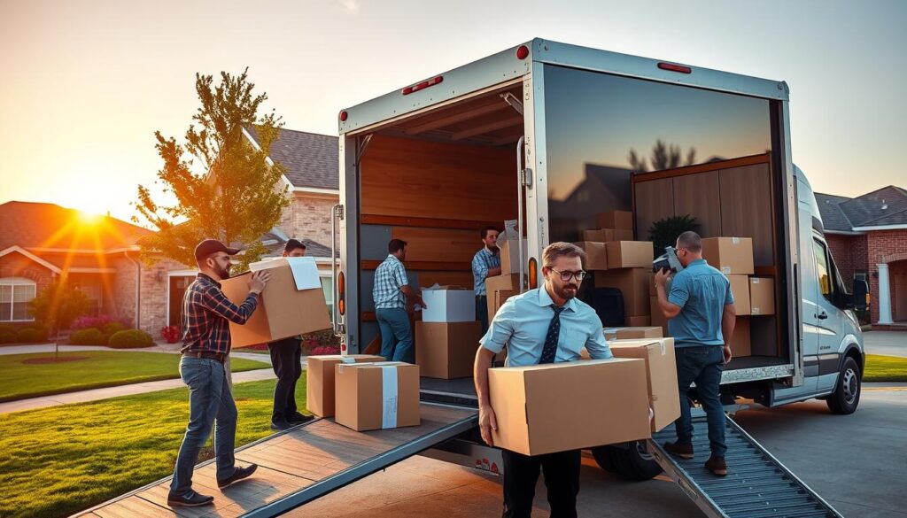 A bustling moving scene set in Rowlett, Texas, showcasing a team of professional movers in smart casual attire, actively loading a modern moving truck with furniture and boxes. In the foreground, confident movers, focused and engaged, are carefully handling items, demonstrating their reliability and local expertise. In the middle, the truck is open, revealing well-organized packed items, while nearby, the suburban landscape of Rowlett, characterized by well-kept homes and green lawns, provides a welcoming background. The sun is setting, casting a warm glow over the scene, enhancing the atmosphere of trust and efficiency. The photo is shot from a slightly elevated angle with a wide lens to capture both the action of moving and the charming neighborhood ambiance.