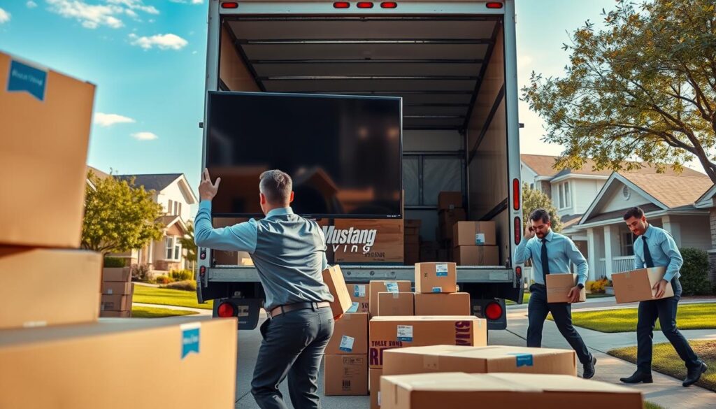 A bustling moving scene showcasing a team of professional movers in smart uniforms working diligently to load a moving truck with boxes and furniture. In the foreground, a mover carefully wraps a large television in protective material, while another organizes labeled boxes. The middle ground features a clean, modern moving truck with the Mustang Moving logo prominently displayed. In the background, a suburban neighborhood in Dallas is visible, with charming houses and trees under a bright blue sky. Soft, natural lighting enhances the scene, creating a warm and inviting atmosphere. The angle is slightly elevated to capture the action and the surrounding environment, conveying a sense of reliability and efficiency in moving services.
