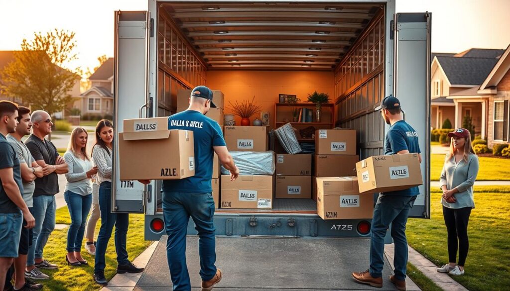 A bustling moving service scene depicting a professional moving team in action. In the foreground, two movers, dressed in branded company uniforms, carefully load boxes labeled 