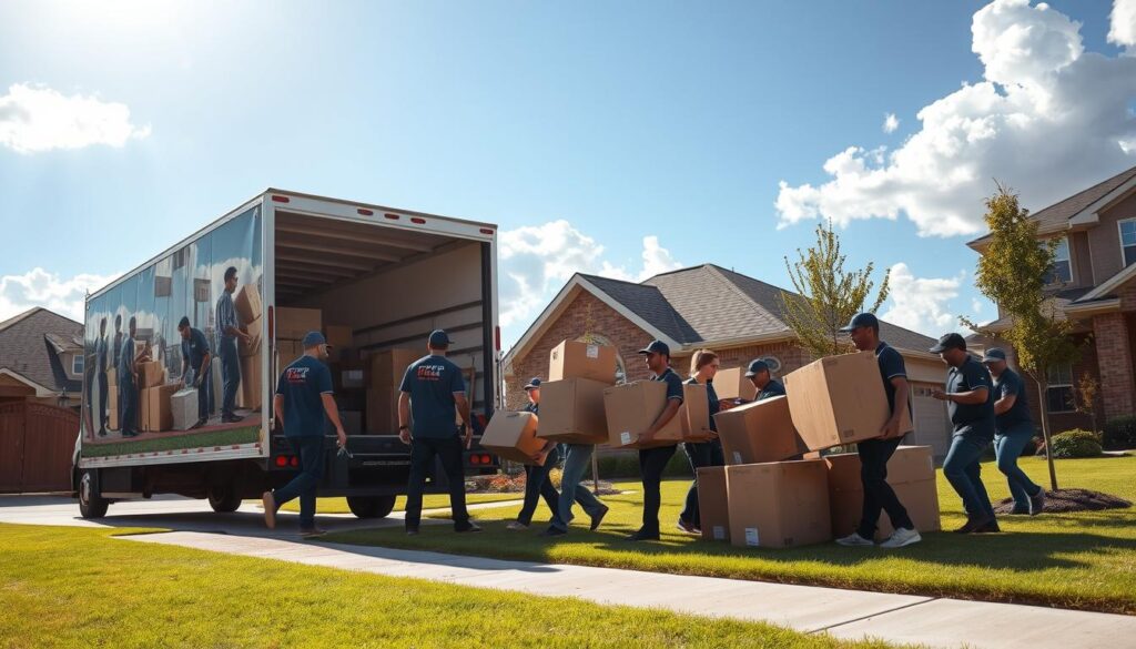 A bustling moving service scene in Dallas, showcasing a modern moving truck parked in front of a suburban home in Forney. In the foreground, a diverse team of professional movers, dressed in branded uniforms, efficiently loading sturdy cardboard boxes labeled with household items into the truck. The middle ground features the neatly manicured yard of the home, with the sun shining brightly, casting warm, inviting light. In the background, a clear blue sky contrasts with fluffy white clouds, and you can see the outline of a friendly neighborhood. The atmosphere is dynamic and organized, illustrating reliability and expertise in moving services. A bustling moving service scene in Dallas, showcasing a modern moving truck parked in front of a suburban home in Forney. In the foreground, a diverse team of professional movers, dressed in branded uniforms, efficiently loading sturdy cardboard boxes labeled with household items into the truck. The middle ground features the neatly manicured yard of the home, with the sun shining brightly, casting warm, inviting light. In the background, a clear blue sky contrasts with fluffy white clouds, and you can see the outline of a friendly neighborhood. The atmosphere is dynamic and organized, illustrating reliability and expertise in moving services.