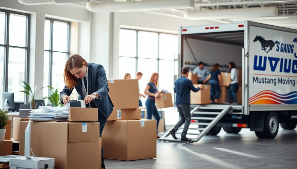 A bustling office relocation scene set in a modern workspace. In the foreground, two professionals in business attire carefully pack office supplies and electronics into sturdy boxes, displaying teamwork and focus. The middle ground shows a diverse group of movers efficiently loading boxes onto a moving truck with the Mustang Moving logo, showcasing their reliable service. The background features a bright, well-lit office environment with large windows, emphasizing a sense of change and new beginnings. Soft natural light filters through the windows, creating a warm and optimistic atmosphere. The image captures movement and energy, highlighting the professionalism of the relocation process in a vibrant, corporate setting.