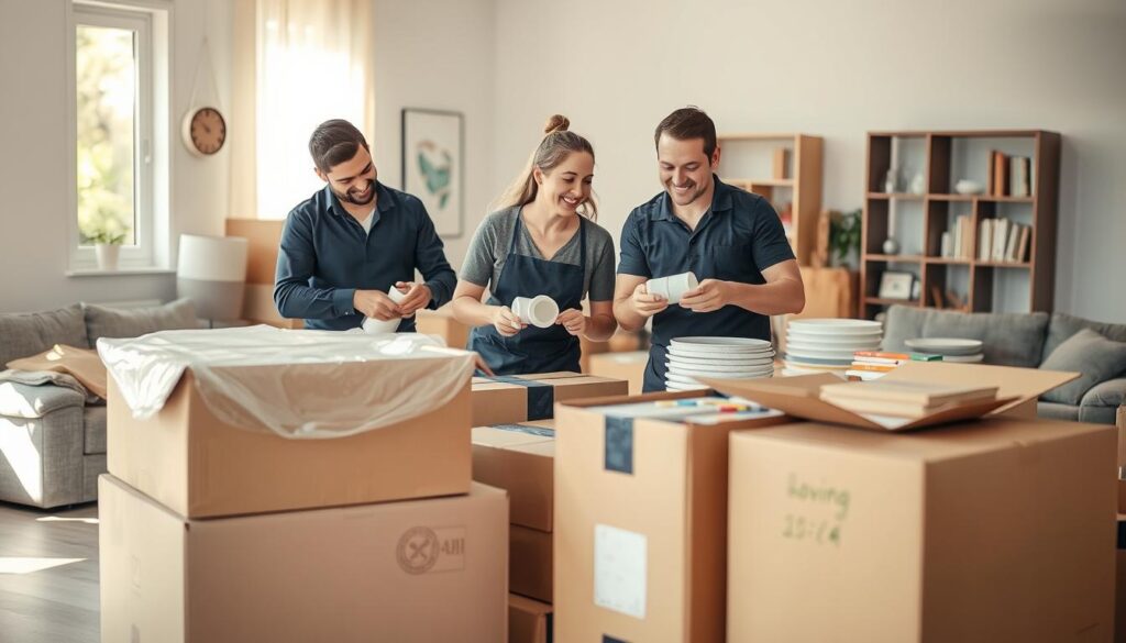 A bustling packing scene in a bright, organized room. In the foreground, a team of two movers, dressed in professional attire, carefully wrap dishes in sturdy bubble wrap while smiling and engaging with each other. In the middle ground, several large cardboard boxes are neatly stacked, some labeled with colorful markers showing their contents, such as kitchenware and books. Soft, natural light shines through a nearby window, casting gentle shadows and creating a warm atmosphere. In the background, items like a couch and a bookshelf are neatly arranged, suggesting an orderly moving process. The overall mood is efficient and friendly, emphasizing reliability and professionalism in moving services.