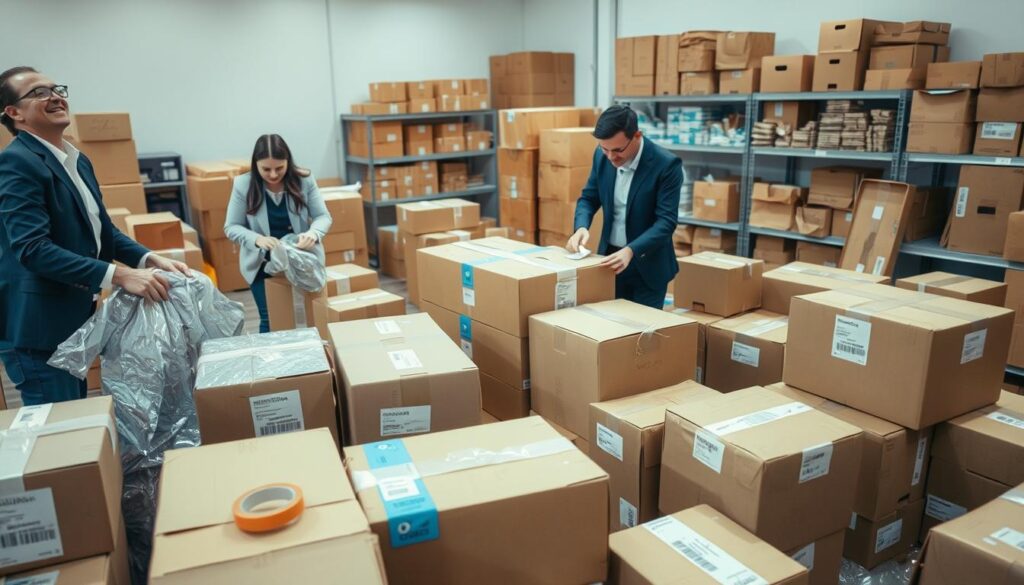 A bustling packing services scene filled with professionals organizing items for a move. In the foreground, two individuals in smart casual attire carefully wrap fragile items in bubble wrap and secure them in sturdy cardboard boxes. The middle ground showcases a variety of neatly stacked boxes labeled for easy identification, along with packing tape and markers scattered around. In the background, there is a spacious, well-organized storage area with shelves filled with neatly packed boxes and packing supplies. Soft, diffused lighting illuminates the area, creating a warm and inviting atmosphere. The composition should have a slight overhead angle, providing a comprehensive view of the packing process and highlighting the quality of the materials used.