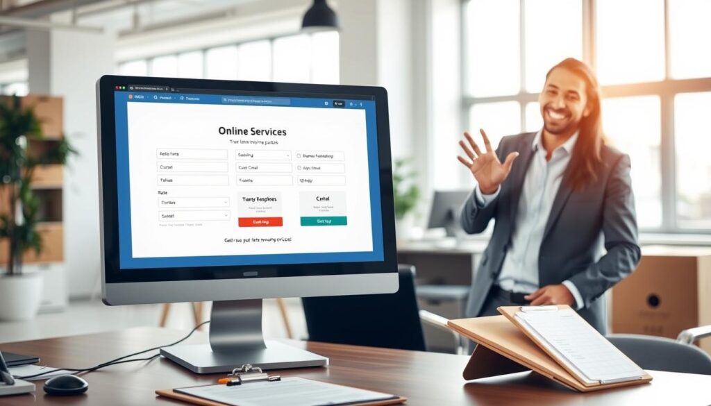 A bustling, professional office environment focused on moving services. In the foreground, a computer screen displays an elegant and inviting online quote form for moving services. On the desk, a clipboard with a detailed checklist is slightly visible, symbolizing organization and transparency. The middle ground features a friendly moving consultant in smart casual attire, gesturing toward the screen with a welcoming smile, exuding reliability and warmth. The background showcases a bright, airy office with large windows, allowing natural light to flood the space, creating a positive atmosphere. The overall mood is approachable and professional, emphasizing trust and clarity in the moving process, highlighting the theme of transparent pricing and obtaining a free moving quote. A bustling, professional office environment focused on moving services. In the foreground, a computer screen displays an elegant and inviting online quote form for moving services. On the desk, a clipboard with a detailed checklist is slightly visible, symbolizing organization and transparency. The middle ground features a friendly moving consultant in smart casual attire, gesturing toward the screen with a welcoming smile, exuding reliability and warmth. The background showcases a bright, airy office with large windows, allowing natural light to flood the space, creating a positive atmosphere. The overall mood is approachable and professional, emphasizing trust and clarity in the moving process, highlighting the theme of transparent pricing and obtaining a free moving quote.