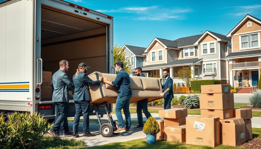 A bustling residential area featuring a moving scene, with a moving truck parked in front of a cozy suburban home. In the foreground, a diverse group of movers in professional business attire carefully lifting a couch onto a dolly, showing teamwork and diligence. In the middle ground, several cardboard boxes and a few potted plants are stacked on the front porch, conveying a sense of organized chaos typical of moving day. The background showcases a charming neighborhood with well-maintained houses, townhomes, and condos, all under a clear blue sky. Soft, natural sunlight casts gentle shadows, creating a warm and inviting atmosphere. The scene should evoke feelings of excitement and transition as families move into new homes, focusing on the hustle and bustle of residential life.