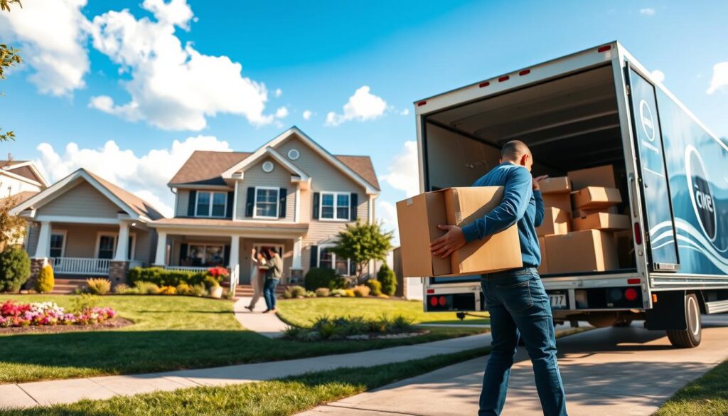 A bustling residential neighborhood scene depicting a reliable moving company in action. In the foreground, a professional mover in smart casual attire carefully loads boxes into a moving truck, showcasing organizational skills. In the middle ground, a family waves goodbye to their old home, which has a welcoming facade with a well-kept lawn and flower beds. The background features a sunny blue sky with a few fluffy clouds, creating a bright and positive atmosphere. The scene is captured at a slight angle, showcasing the truck and the house in vibrant detail, with soft, natural lighting that emphasizes the warmth of the day. The focus is on teamwork, precision, and the optimism of a new beginning.