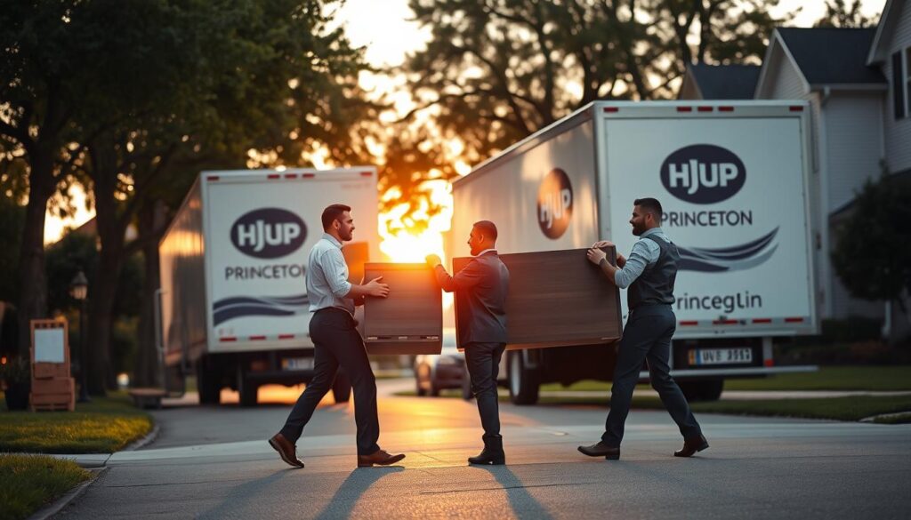A bustling scene capturing a moving company in action, depicting professional movers in smart uniforms carefully loading furniture onto a stylish moving truck. In the foreground, two movers are engaged in a friendly discussion while lifting a large piece of furniture. The middle ground features the truck, emblazoned with the company logo, parked outside a charming suburban home typical of Princeton. The background showcases a tree-lined street with well-kept lawns, evoking a peaceful residential area. The lighting is warm and inviting, as the sun sets, casting golden hues and long shadows. The overall atmosphere is one of reliability and professionalism, illustrating the seamless transition from Dallas to Princeton.