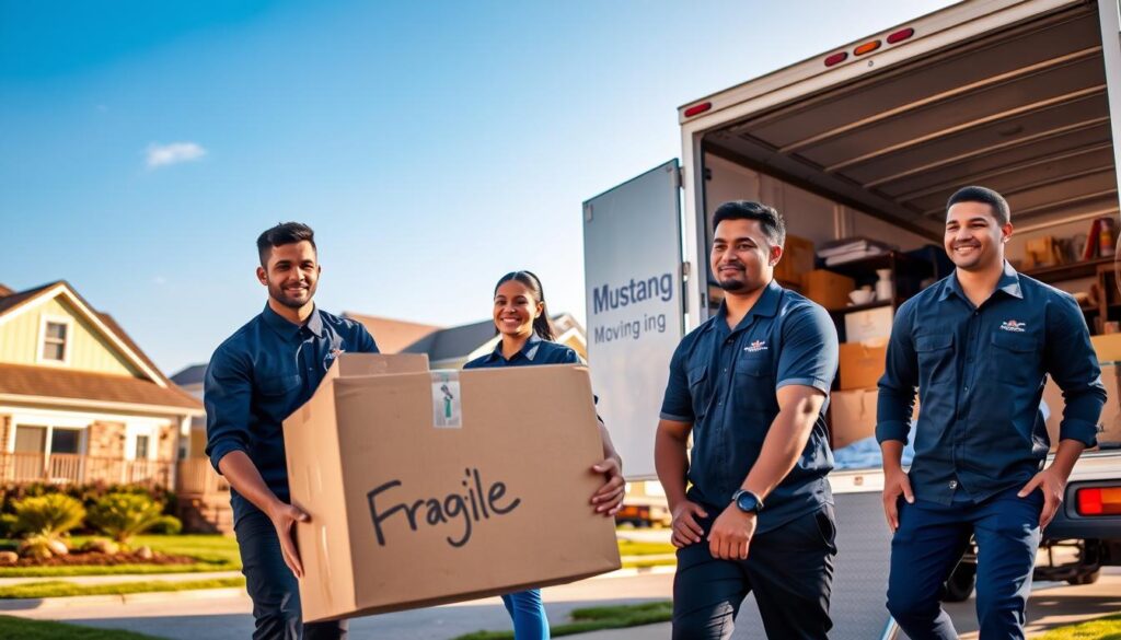 A bustling scene depicting a full-service moving experience. In the foreground, a diverse group of three professional movers in neatly pressed uniforms carries a large cardboard box labeled 