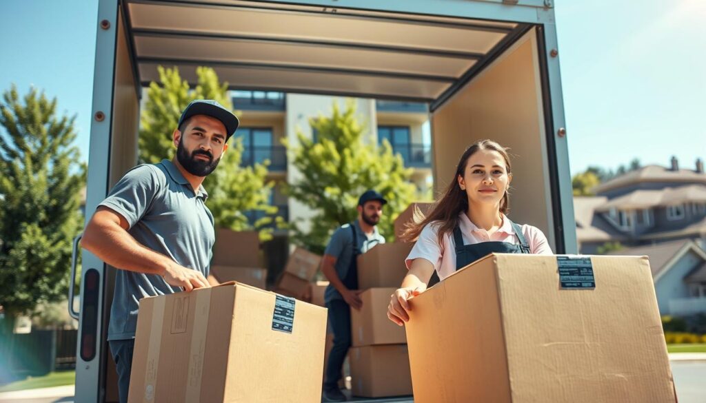 A bustling scene depicting a professional apartment moving service in action. In the foreground, a diverse team of two movers, one male and one female, dressed in professional uniforms, are carefully loading boxes into a moving truck. The movers show focused expressions, emphasizing their dedication and reliability. In the middle ground, a modern apartment complex is visible, with moving boxes stacked neatly outside. Surrounding them are green trees and a clear blue sky, creating a bright, welcoming atmosphere. In the background, distant homes can be seen, reinforcing the sense of community. The lighting is bright and natural, capturing a sunny day ambiance, with a slight lens flare to enhance the energetic mood of the scene. A bustling scene depicting a professional apartment moving service in action. In the foreground, a diverse team of two movers, one male and one female, dressed in professional uniforms, are carefully loading boxes into a moving truck. The movers show focused expressions, emphasizing their dedication and reliability. In the middle ground, a modern apartment complex is visible, with moving boxes stacked neatly outside. Surrounding them are green trees and a clear blue sky, creating a bright, welcoming atmosphere. In the background, distant homes can be seen, reinforcing the sense of community. The lighting is bright and natural, capturing a sunny day ambiance, with a slight lens flare to enhance the energetic mood of the scene.