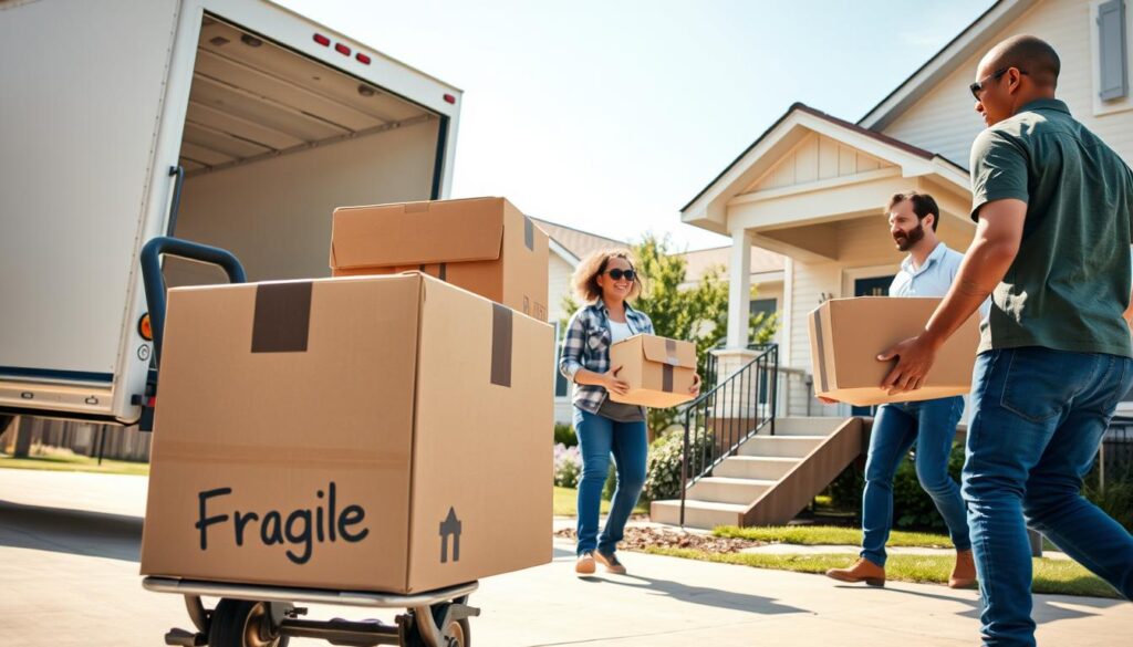 A bustling scene depicting professional movers in action, showcasing a diverse team of two men and one woman in smart, modest casual clothing, efficiently loading and unloading moving boxes from a modern moving truck. In the foreground, a cardboard box labeled A bustling scene depicting professional movers in action, showcasing a diverse team of two men and one woman in smart, modest casual clothing, efficiently loading and unloading moving boxes from a modern moving truck. In the foreground, a cardboard box labeled