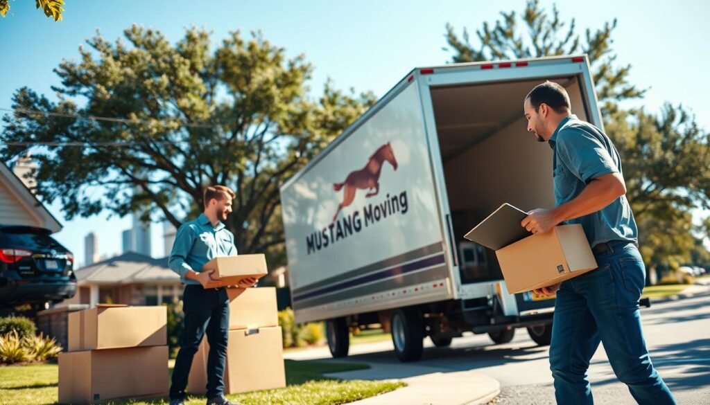 A bustling suburban scene featuring professional movers loading a large moving truck labeled 