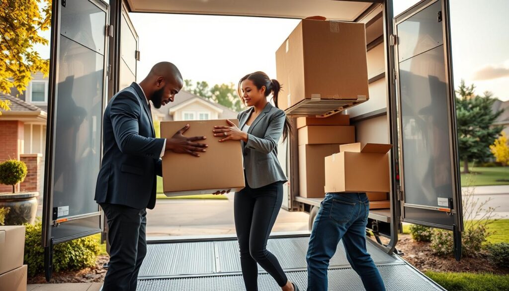 A bustling urban scene depicting efficient movers in action as they load a moving truck outside a suburban home in Grand Prairie. In the foreground, a diverse group of two movers, one African American man and one Hispanic woman, wearing smart business attire, are carefully lifting a large box, showcasing teamwork and professionalism. The middle ground features the open truck, partially filled with neatly stacked boxes and furniture, reflecting organized moving activity. In the background, a picturesque view of residential houses and trees captures the essence of Grand Prairie. The lighting is warm and inviting, simulating early afternoon sunshine, while a wide-angle lens perspective enhances the lively atmosphere of a busy moving day, portraying a sense of reliability and community spirit. A bustling urban scene depicting efficient movers in action as they load a moving truck outside a suburban home in Grand Prairie. In the foreground, a diverse group of two movers, one African American man and one Hispanic woman, wearing smart business attire, are carefully lifting a large box, showcasing teamwork and professionalism. The middle ground features the open truck, partially filled with neatly stacked boxes and furniture, reflecting organized moving activity. In the background, a picturesque view of residential houses and trees captures the essence of Grand Prairie. The lighting is warm and inviting, simulating early afternoon sunshine, while a wide-angle lens perspective enhances the lively atmosphere of a busy moving day, portraying a sense of reliability and community spirit.