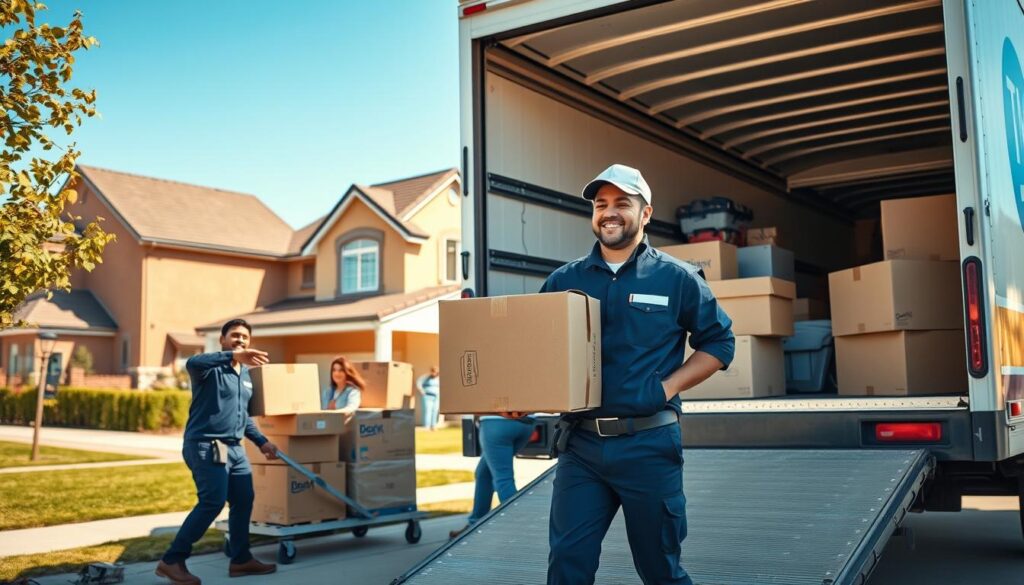 A busy and organized moving scene showcasing full-service moving options. In the foreground, two professional movers in smart uniforms efficiently loading a variety of furniture and boxes onto a branded moving truck, demonstrating teamwork and expertise. The middle ground features a suburban home with a family overseeing the process, looking relieved and satisfied. In the background, a clear blue sky and an inviting neighborhood street set a positive, sunny atmosphere. The lighting is warm and bright, highlighting the movers' dedication. Use a wide-angle lens to capture the entire scene, emphasizing the coordinated effort and reliability of full-service moving tailored for both homes and businesses. No text or distractions in the image.