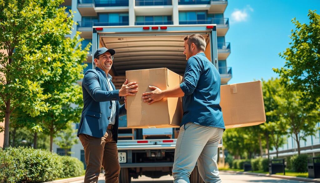 A busy apartment moving scene at a modern high-rise in Dallas. In the foreground, two professional movers in smart, casual attire are carefully lifting a large cardboard box, showcasing their teamwork and strength. They are focused and smiling, conveying a sense of reliability and professionalism. In the middle, a sleek moving truck is parked, with its back open revealing neatly stacked furniture and moving supplies. Behind them, the building's entrance is visible, surrounded by lush greenery under bright daylight, with a clear blue sky overhead. The atmosphere is vibrant and energetic, emphasizing the ease and simplicity of their service. The image captures a moment of professionalism, teamwork, and the hustle of a smooth apartment move.