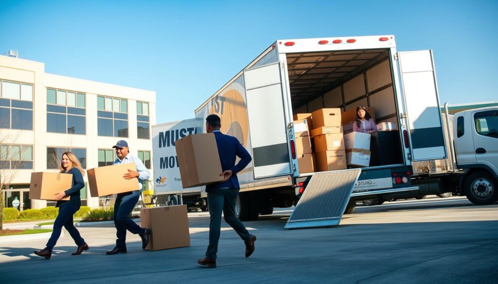 A busy commercial moving scene depicting a professional moving team efficiently relocating office equipment in Pilot Point. In the foreground, two diverse movers in professional attire carefully handle large boxes and office furniture, demonstrating teamwork and expertise. In the middle, a modern moving truck with the Mustang Moving logo is parked, partially open to reveal more packed items and equipment ready for transport. The background features a well-maintained office building, suggesting an urban setting, under clear blue skies. Soft, natural lighting enhances the scene, highlighting the movers and creating a sense of activity. The overall atmosphere conveys a mood of professionalism, reliability, and minimal downtime during the relocation process.