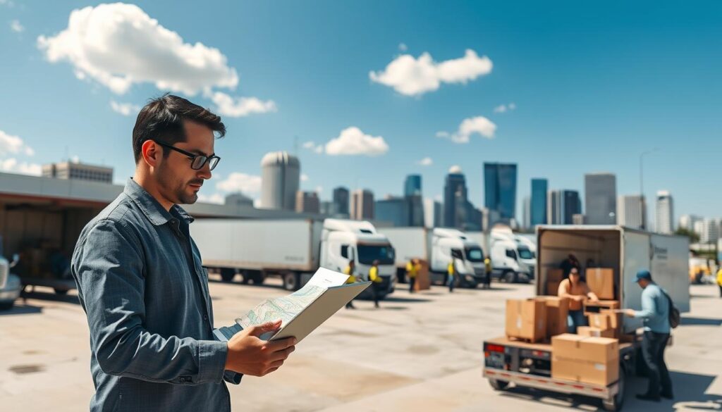 A busy logistics hub symbolizing the connection between Dallas and Jacksonville. In the foreground, a professional-looking logistics manager in business attire is examining detailed maps and routing software on a laptop. The middle ground features several moving trucks parked and ready for dispatch, while a bustling team of workers loads boxes onto a truck, showcasing efficiency. In the background, a clear blue sky with a few fluffy clouds contrasts with a city skyline, blending elements of Dallas and Jacksonville. The scene is bathed in natural daylight, creating a bright and energetic atmosphere. The perspective is slightly elevated, giving an overview of the logistics operation that conveys a sense of organization and reliability.