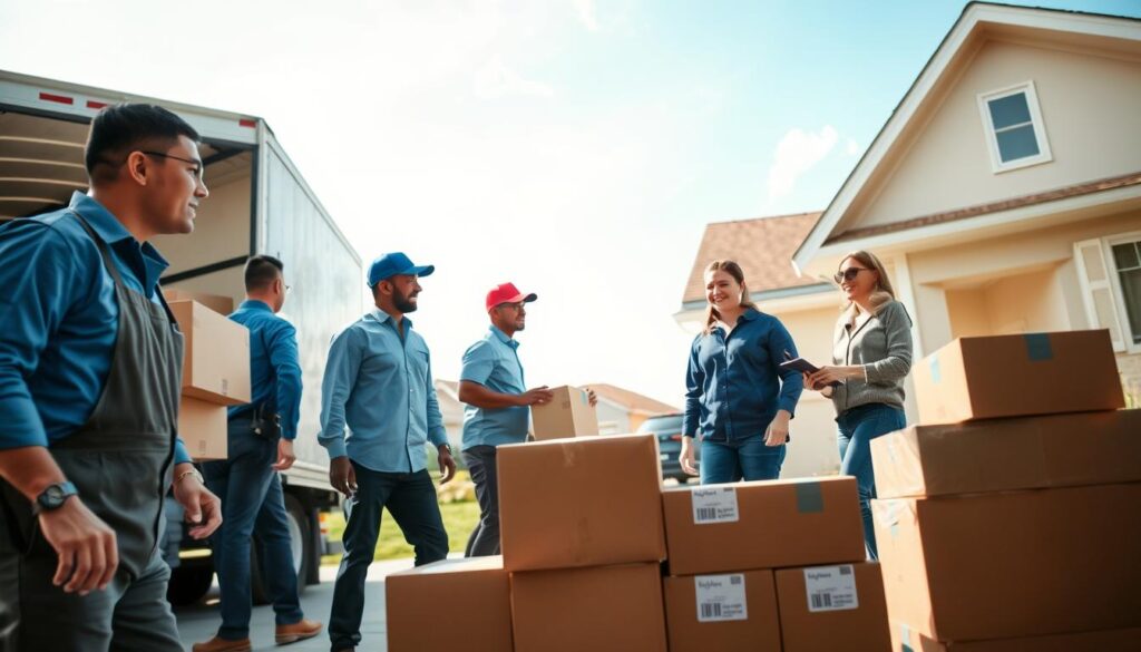 A busy moving day scene showcasing a professional moving team in action. In the foreground, a diverse group of movers, dressed in smart, casual uniforms, carefully load boxes and furniture onto a large moving truck. In the middle ground, a well-organized driveway of a suburban home reveals neatly stacked boxes labeled with clear tags, while a friendly family observes with anticipation. The background shows a sunny Texas landscape with a clear blue sky, hinting at the move from Dallas to Amarillo. Soft, natural lighting enhances the cheerful atmosphere, capturing the excitement and teamwork of the moving process. The angle is slightly elevated to provide a broader view of the scene, evoking a sense of professionalism and reliability in the moving day experience.
