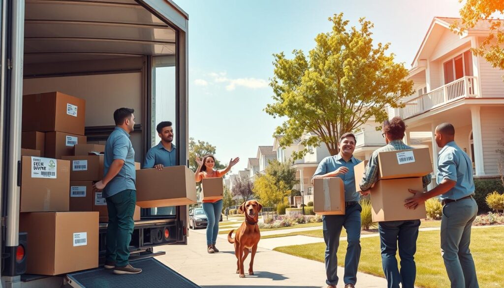 A busy moving process scene in a sunny Dallas neighborhood. In the foreground, a diverse team of professional movers, dressed in smart uniforms, is carefully loading boxes labeled with household items into a large moving truck. The middle ground features a family waving goodbye from their porch, with a sense of relief and excitement on their faces, while a friendly dog watches. In the background, modern houses with manicured lawns line a tree-lined street under a bright blue sky. The lighting is warm and inviting, suggesting a cheerful atmosphere. Capture the action from a slightly elevated angle to provide a clear view of the movers and the home, showcasing a seamless start-to-finish moving experience that fits the family's schedule.
