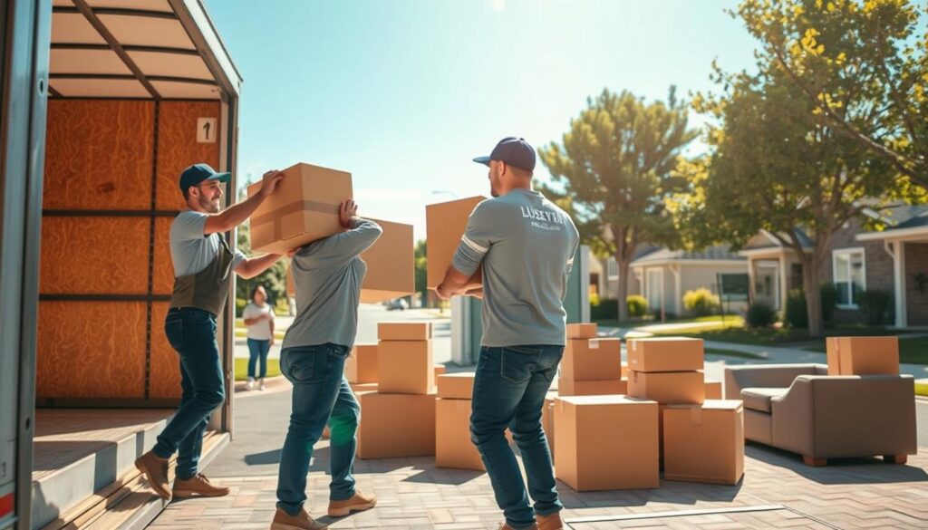 A busy moving process scene showcasing a professional moving team in action, set in a bright, sunlit environment. In the foreground, two movers in professional attire, carefully lifting a large box onto a moving truck, showcasing teamwork and precision. In the middle ground, several unpacked boxes and furniture items are arranged neatly, illustrating a well-organized moving journey. The background features a residential area with a clear blue sky and trees lining the street, signifying a friendly neighborhood atmosphere. The lighting is warm and inviting, creating a sense of optimism and efficiency in the moving process. The perspective is slightly elevated, capturing the overall activity of the move without clutter, inspiring a sense of reliability and professionalism. A busy moving process scene showcasing a professional moving team in action, set in a bright, sunlit environment. In the foreground, two movers in professional attire, carefully lifting a large box onto a moving truck, showcasing teamwork and precision. In the middle ground, several unpacked boxes and furniture items are arranged neatly, illustrating a well-organized moving journey. The background features a residential area with a clear blue sky and trees lining the street, signifying a friendly neighborhood atmosphere. The lighting is warm and inviting, creating a sense of optimism and efficiency in the moving process. The perspective is slightly elevated, capturing the overall activity of the move without clutter, inspiring a sense of reliability and professionalism.