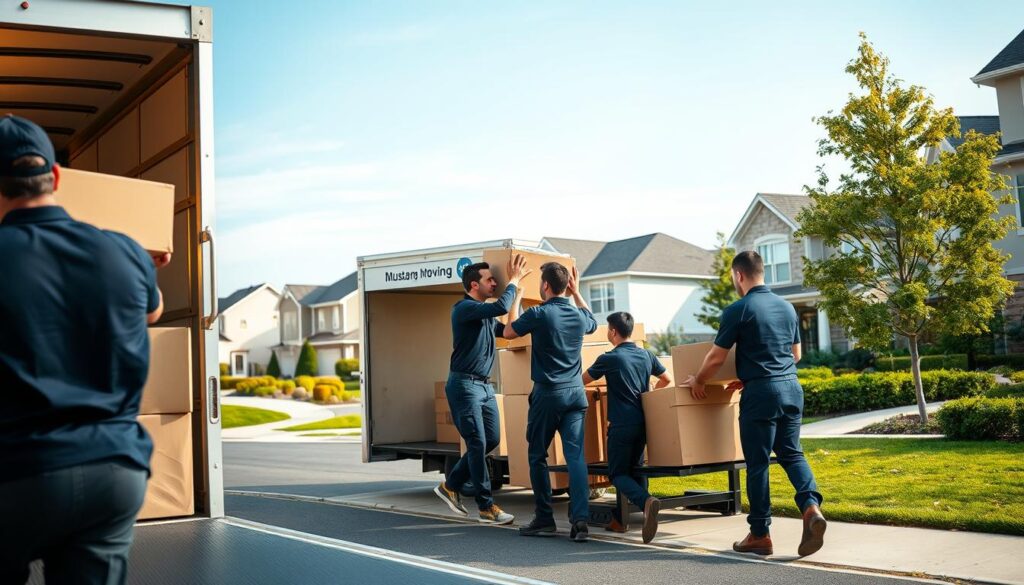 A busy moving scene capturing a professional loading process. In the foreground, a team of movers in matching uniforms, wearing professional attire, is carefully packing a moving truck with household items. They're focused and organized, lifting boxes and furniture with proper technique. The middle ground features a well-maintained moving truck with the Mustang Moving logo prominently displayed. In the background, a suburban neighborhood is visible, showcasing neatly trimmed lawns and modern homes under a clear blue sky. Soft, natural lighting illuminates the scene, creating an inviting and efficient atmosphere. The shot is taken from a slightly elevated angle to give context to the loading process and convey a sense of reliability and professionalism in the moving service.