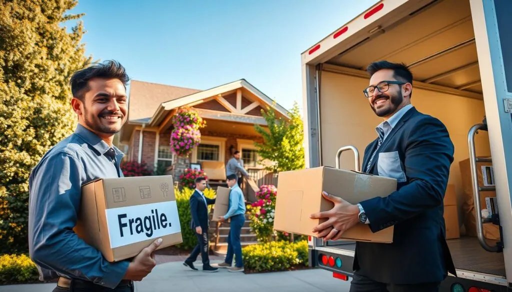 A busy moving scene in Grapevine, Texas, showcasing professional movers in business attire carefully loading and unloading boxes from a brightly colored moving truck in a picturesque neighborhood. In the foreground, a smiling mover holds a box labeled A busy moving scene in Grapevine, Texas, showcasing professional movers in business attire carefully loading and unloading boxes from a brightly colored moving truck in a picturesque neighborhood. In the foreground, a smiling mover holds a box labeled