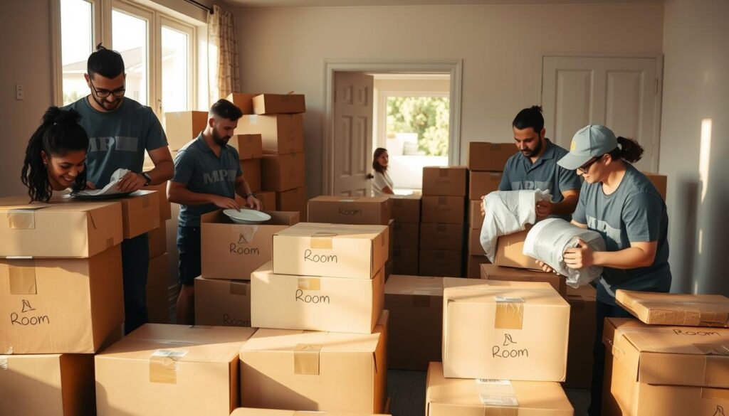 A busy moving scene in a well-lit room, showcasing professional movers carefully packing boxes. In the foreground, a diverse team of movers, dressed in matching uniforms, are focused on wrapping fragile items like dishes and glassware with bubble wrap. In the middle, neatly stacked boxes labeled with the names of rooms, showcasing a methodical organization style. In the background, an open doorway reveals a sunny outdoor scene, hinting at a suburban neighborhood. Soft, natural lighting filters in through the window, casting warm shadows across the room, creating a sense of efficiency and professionalism. The mood is one of teamwork and diligence, emphasizing the care taken in packing for a smooth transition.