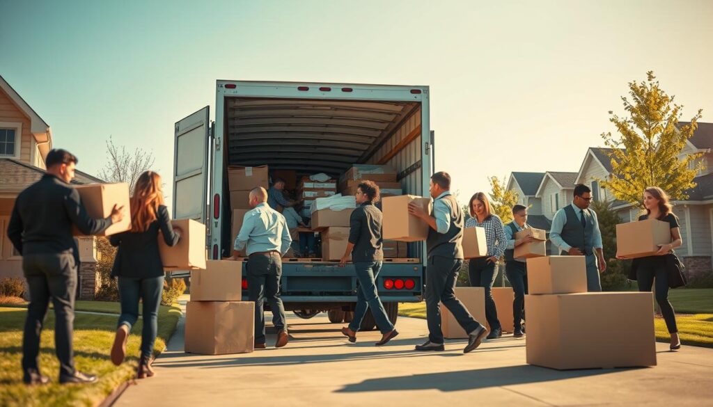 A busy moving scene showcasing a professional moving team executing a seamless process to transition items from a Dallas home to a Saginaw destination. In the foreground, a diverse group of movers in professional business attire carefully load furniture and boxes into a moving truck. The middle ground features a partially loaded truck with various household items, showcasing organization and attention to detail. The background illustrates a suburban neighborhood with clear blue skies, enhancing the feeling of efficiency and professionalism. Soft, warm afternoon lighting casts gentle shadows, promoting a sense of calm and reliability. The overall atmosphere reflects teamwork and diligence, effectively capturing the essence of a proven moving process. A busy moving scene showcasing a professional moving team executing a seamless process to transition items from a Dallas home to a Saginaw destination. In the foreground, a diverse group of movers in professional business attire carefully load furniture and boxes into a moving truck. The middle ground features a partially loaded truck with various household items, showcasing organization and attention to detail. The background illustrates a suburban neighborhood with clear blue skies, enhancing the feeling of efficiency and professionalism. Soft, warm afternoon lighting casts gentle shadows, promoting a sense of calm and reliability. The overall atmosphere reflects teamwork and diligence, effectively capturing the essence of a proven moving process.