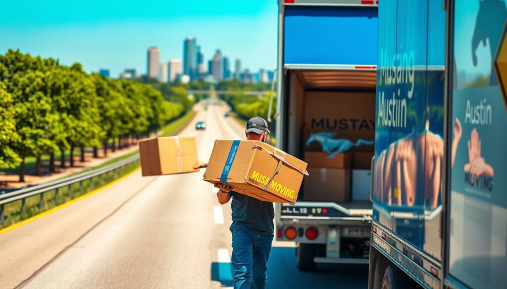A busy moving scene showcasing dedicated movers transporting boxes along a vibrant highway from Dallas to Austin. In the foreground, two professional movers, wearing company t-shirts and sturdy work gloves, are carefully lifting a large, well-taped cardboard box into a bright blue moving truck adorned with the Mustang Moving logo. In the middle ground, rows of green trees line the highway, conveying a clear, sunny day with vivid blue skies. The background features a distant silhouette of Austin’s skyline with its notable buildings, suggesting the destination. The lighting is warm and bright, casting soft shadows, and the angle captures both the action and the movement of the scene, conveying a sense of reliability and professionalism. The overall mood is busy yet organized, highlighting dedication to timely service.