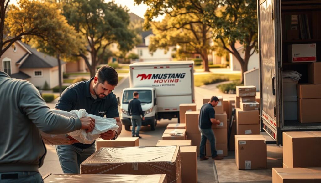 A busy moving scene showcasing the Mustang Moving process, focusing on a team of professional movers in smart casual clothing, loading furniture and boxes into a moving truck. In the foreground, a mover carefully wraps a delicate item with protective material, emphasizing attention to detail. The middle of the image features a parked moving truck branded with the Mustang Moving logo, surrounded by neatly stacked boxes and household items waiting to be loaded. In the background, a suburban neighborhood setting with tree-lined streets and houses, indicating the journey from Dallas to Westlake. Soft natural lighting creates a warm, inviting atmosphere, capturing the professionalism and reliability of the moving service. The angle is slightly elevated to provide a clear view of the action while maintaining focus on the movers’ efforts.
