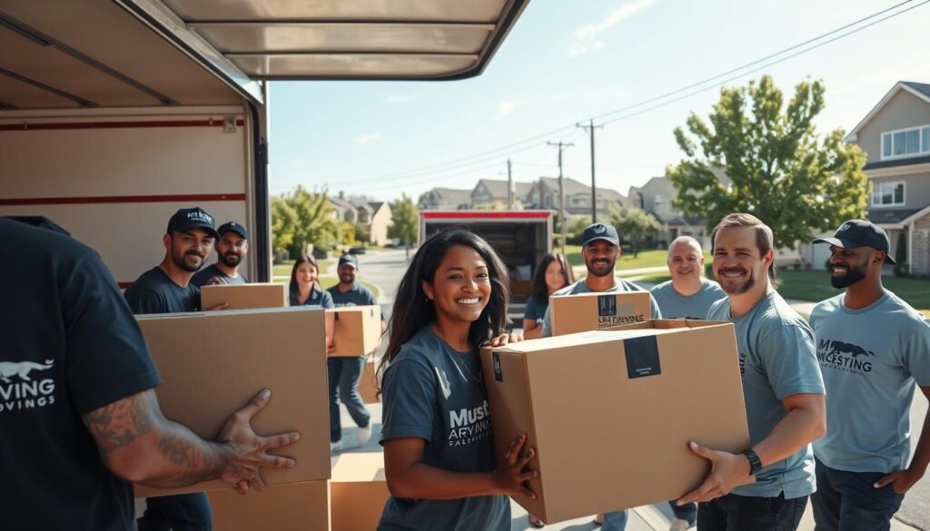 A busy moving scene showcasing the organized process of a family moving from Dallas to Roanoke. In the foreground, a diverse team of professional movers, dressed in branded uniforms, carefully loads boxes and furniture into a large moving truck. The movers exhibit teamwork and efficiency, with smiles, focused expressions, and clear communication. In the middle ground, a well-organized home interior is being packed, with labeled boxes and furniture being prepared. The background features a suburban street with homes, trees, and a clear blue sky, evoking a sense of community and new beginnings. Soft, natural sunlight floods the scene, creating a positive, energetic atmosphere. The image should be captured from a slightly elevated angle, giving a comprehensive view of the moving process while highlighting the professionalism of Mustang Moving.