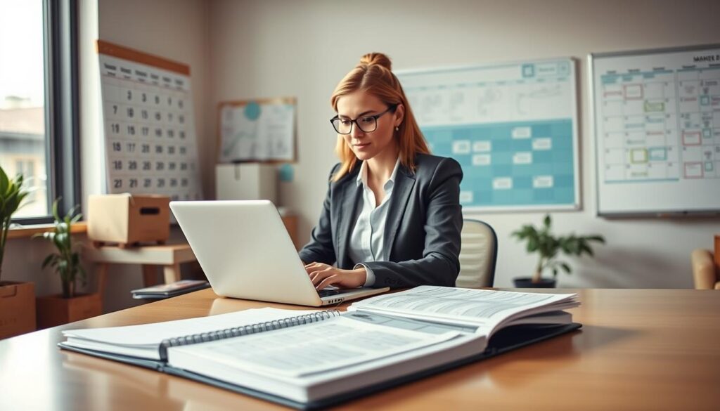 A busy office environment reflecting a professional moving service, centered on a calm and organized moving coordinator in business attire, actively managing scheduling on a laptop. In the foreground, a modern desk with a planner and moving brochures, showcasing flexibly dated schedules. The middle ground depicts a wall with a large calendar filled with marked dates, and a whiteboard displaying moving routes and timelines. The background features a large window allowing soft, natural light to illuminate the space, creating a welcoming atmosphere. The lens should capture the scene with a slight depth of field, focusing on the coordinator, while the organizational elements gently blur. Overall, the mood is efficient, detailed, and supportive, evoking a sense of reliable planning for upcoming moves. A busy office environment reflecting a professional moving service, centered on a calm and organized moving coordinator in business attire, actively managing scheduling on a laptop. In the foreground, a modern desk with a planner and moving brochures, showcasing flexibly dated schedules. The middle ground depicts a wall with a large calendar filled with marked dates, and a whiteboard displaying moving routes and timelines. The background features a large window allowing soft, natural light to illuminate the space, creating a welcoming atmosphere. The lens should capture the scene with a slight depth of field, focusing on the coordinator, while the organizational elements gently blur. Overall, the mood is efficient, detailed, and supportive, evoking a sense of reliable planning for upcoming moves.