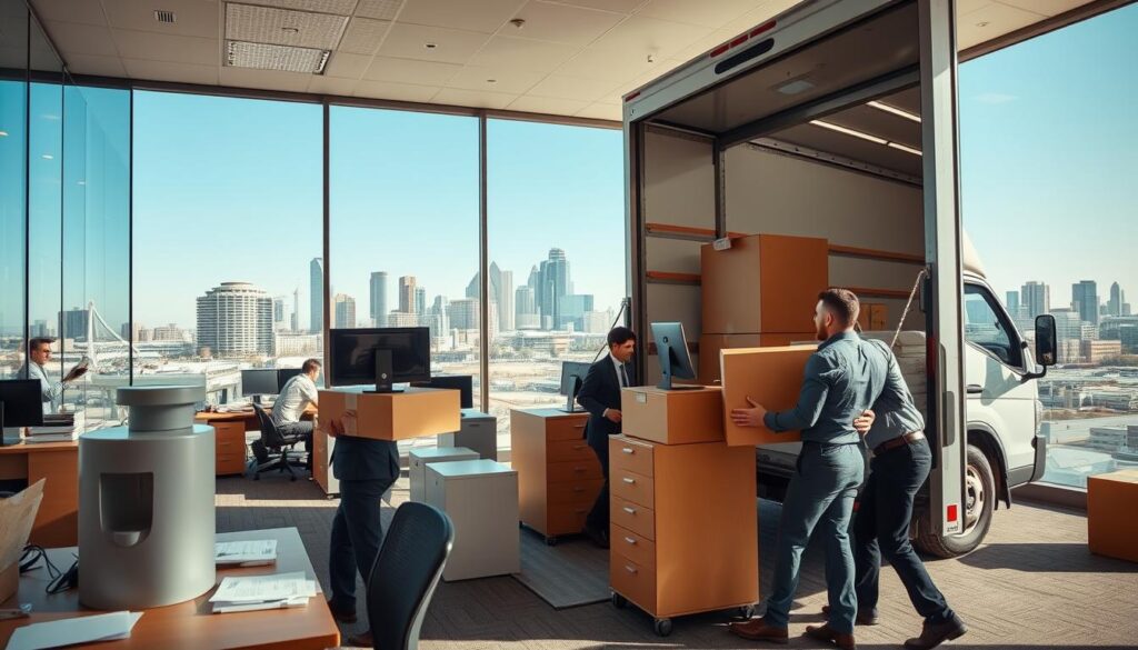 A busy office relocation scene depicting professional movers in business attire carefully boxing up and transporting office equipment. In the foreground, movers are seen packing monitors and file cabinets into a moving truck branded with “Mustang Moving.” The middle ground features a modern office with cluttered desks, water cooler, and scattered paperwork, illustrating the transition process. In the background, a city skyline of Dallas is visible, blending into the Garland area with clear blue skies above. Soft, natural lighting highlights the action, creating a focused yet dynamic atmosphere. The angle is slightly elevated to capture the bustling environment while emphasizing the coordination and professionalism of the movers. A busy office relocation scene depicting professional movers in business attire carefully boxing up and transporting office equipment. In the foreground, movers are seen packing monitors and file cabinets into a moving truck branded with “Mustang Moving.” The middle ground features a modern office with cluttered desks, water cooler, and scattered paperwork, illustrating the transition process. In the background, a city skyline of Dallas is visible, blending into the Garland area with clear blue skies above. Soft, natural lighting highlights the action, creating a focused yet dynamic atmosphere. The angle is slightly elevated to capture the bustling environment while emphasizing the coordination and professionalism of the movers.