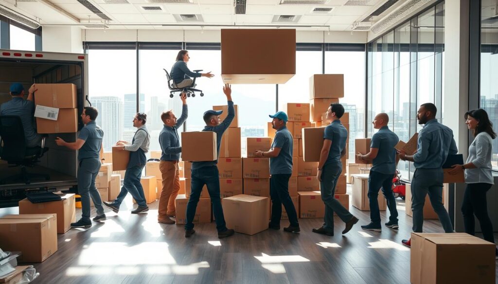 A busy office relocation scene inside a bright, modern workspace. In the foreground, a diverse group of professional movers dressed in company uniforms are carefully packing and lifting office furniture, like desks and chairs, into a moving truck. In the middle, a chaotic yet organized environment showcases cardboard boxes stacked on each other, labeled with different office departments. In the background, large windows allow natural light to flood in, illuminating the space while a city skyline can be seen beyond. The atmosphere is dynamic and purposeful, reflecting the hustle of a commercial move. Use a slightly high angle to capture the entire scene, focusing on the coordination and camaraderie of the movers, with vibrant colors for an energetic feel.