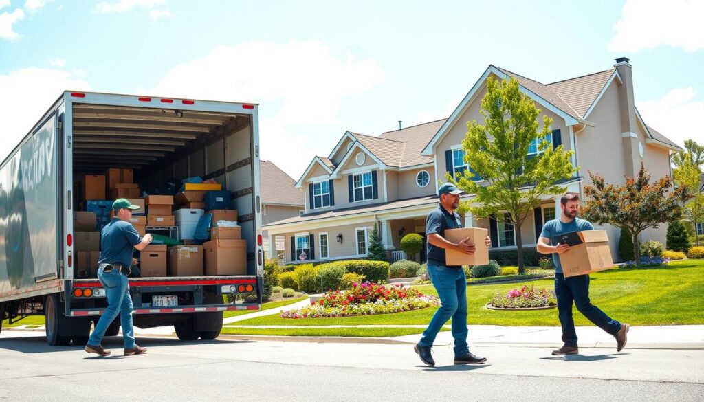 A busy residential moving scene featuring a professional moving team in a suburban neighborhood. In the foreground, two movers in professional attire are carefully loading boxes into a large moving truck, showcasing a variety of household items. The middle ground includes a charming University Park home with a well-maintained lawn and colorful flowers, symbolizing the destination. In the background, a clear blue sky with soft clouds accentuates a warm and inviting atmosphere. The lighting is bright and natural, emphasizing the hardworking movers and the cheerful surroundings. This image should evoke feelings of reliability and community, capturing the essence of a successful residential move to a new home. A busy residential moving scene featuring a professional moving team in a suburban neighborhood. In the foreground, two movers in professional attire are carefully loading boxes into a large moving truck, showcasing a variety of household items. The middle ground includes a charming University Park home with a well-maintained lawn and colorful flowers, symbolizing the destination. In the background, a clear blue sky with soft clouds accentuates a warm and inviting atmosphere. The lighting is bright and natural, emphasizing the hardworking movers and the cheerful surroundings. This image should evoke feelings of reliability and community, capturing the essence of a successful residential move to a new home.