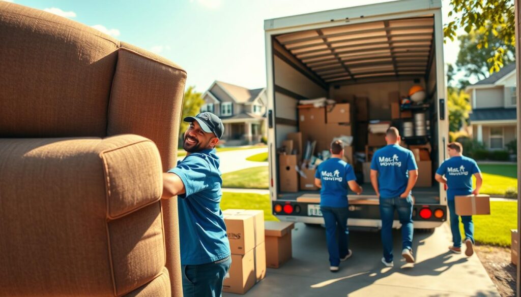 A busy residential moving scene in Cedar Hill, Texas, showcasing professional movers in branded blue uniforms carefully loading a large moving truck with furniture and boxes. In the foreground, focus on a mover lifting a sofa, with a friendly smile, demonstrating professionalism and teamwork. In the middle ground, a packed truck with the Mustang Moving logo is visible, surrounded by neatly stacked boxes and a variety of household items. The background features a sunny suburban neighborhood with lush green lawns and charming houses. Natural sunlight casts soft shadows, creating a warm and inviting atmosphere. The angle captures the action dynamic, emphasizing the hustle of the move while maintaining an organized and efficient feel, highlighting reliability and attention to detail. A busy residential moving scene in Cedar Hill, Texas, showcasing professional movers in branded blue uniforms carefully loading a large moving truck with furniture and boxes. In the foreground, focus on a mover lifting a sofa, with a friendly smile, demonstrating professionalism and teamwork. In the middle ground, a packed truck with the Mustang Moving logo is visible, surrounded by neatly stacked boxes and a variety of household items. The background features a sunny suburban neighborhood with lush green lawns and charming houses. Natural sunlight casts soft shadows, creating a warm and inviting atmosphere. The angle captures the action dynamic, emphasizing the hustle of the move while maintaining an organized and efficient feel, highlighting reliability and attention to detail.