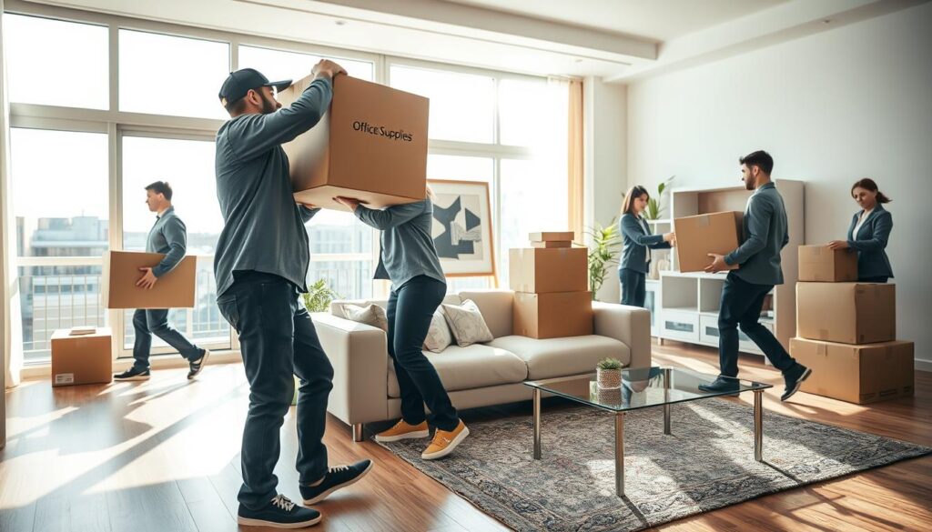 A busy scene depicting a professional moving scenario, featuring a well-dressed team of movers shifting boxes and furniture in a bright, modern apartment. In the foreground, a mover lifts a large cardboard box labeled A busy scene depicting a professional moving scenario, featuring a well-dressed team of movers shifting boxes and furniture in a bright, modern apartment. In the foreground, a mover lifts a large cardboard box labeled