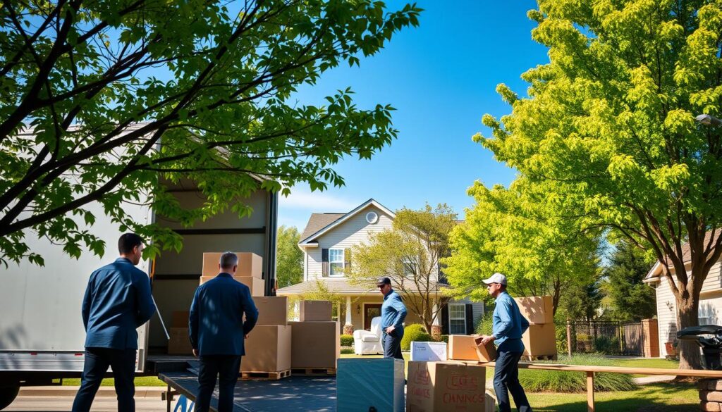 A busy scene depicting a professional moving service in Balch Springs, Texas. In the foreground, a well-organized team of movers in professional business attire carefully loading furniture and boxes into a modern moving truck, showcasing efficient collaboration. In the middle, vibrant green trees typical of the Balch Springs area frame the moving activity, with a charming residential house in the background to give context to the home relocation. The atmosphere is bright and welcoming, illuminated by soft, natural sunlight that casts gentle shadows. A clear blue sky serves as a backdrop, enhancing the feeling of a pleasant moving day. The image should capture a sense of reliability and expertise in moving services.