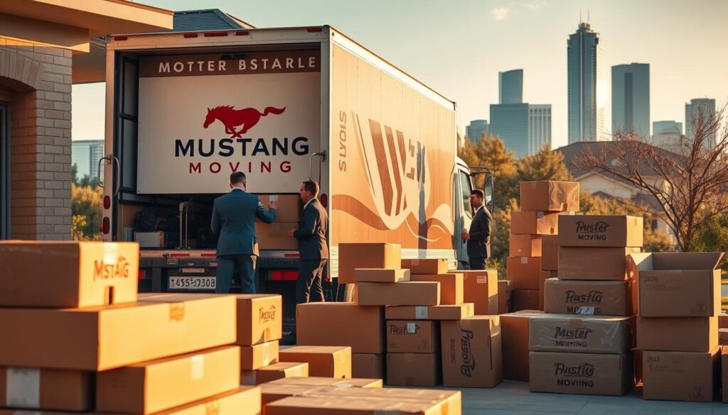 A busy scene depicting a professional moving service truck parked outside a home in Dallas, with a clear view of the iconic skyline in the background. The truck, emblazoned with the logo of Mustang Moving, is surrounded by movers in smart business attire, carefully loading boxes into the vehicle. In the foreground, neatly stacked boxes and furniture highlight the organized chaos of moving day, capturing the essence of specialized service. Soft, golden lighting from a late afternoon sun casts warm shadows, creating an inviting atmosphere. A slightly elevated angle showcases the truck in relation to the home, emphasizing the journey from Dallas to Waxahachie. Overall, the image conveys reliability, professionalism, and the ease of the moving process. A busy scene depicting a professional moving service truck parked outside a home in Dallas, with a clear view of the iconic skyline in the background. The truck, emblazoned with the logo of Mustang Moving, is surrounded by movers in smart business attire, carefully loading boxes into the vehicle. In the foreground, neatly stacked boxes and furniture highlight the organized chaos of moving day, capturing the essence of specialized service. Soft, golden lighting from a late afternoon sun casts warm shadows, creating an inviting atmosphere. A slightly elevated angle showcases the truck in relation to the home, emphasizing the journey from Dallas to Waxahachie. Overall, the image conveys reliability, professionalism, and the ease of the moving process.